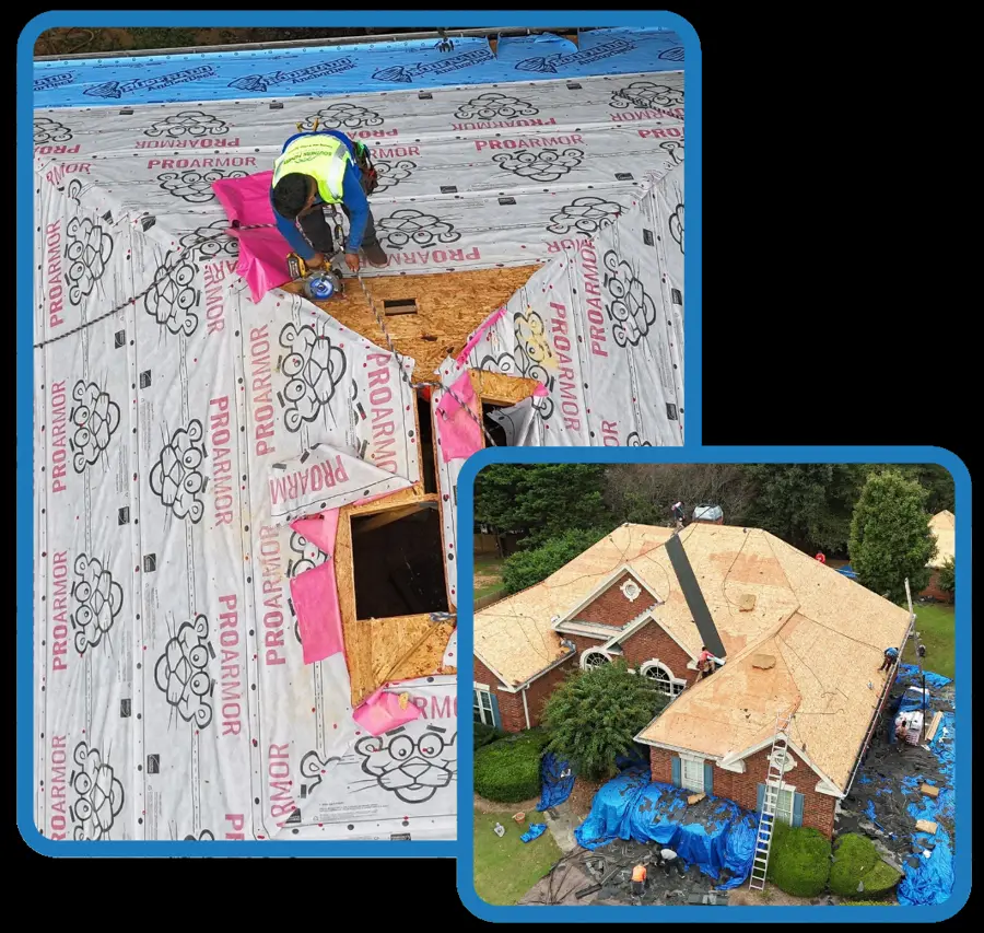 Roofer working on underlayment during a roofing project